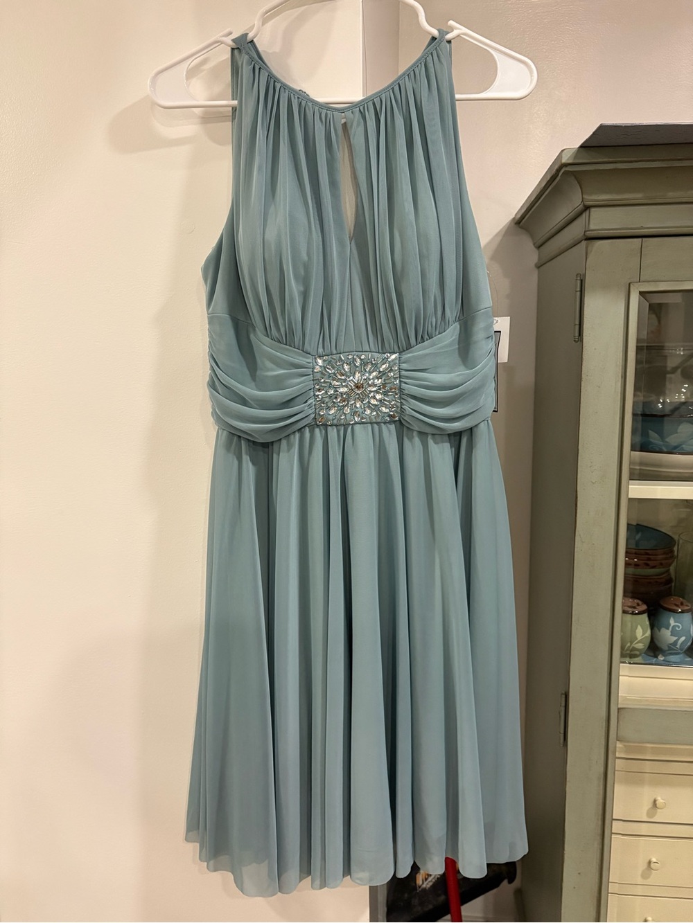 Jessica Howard Dusty Blue Halter Chiffon Cocktail Dress with Beaded Waist